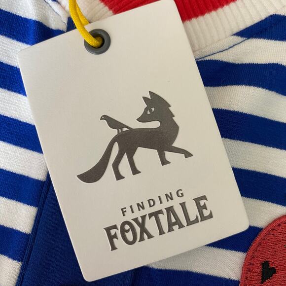 Finding‎ Foxtale Girls Varsity Bomber Jacket 5 8 Navy Red Stripes and Strawberry - Picture 7 of 7